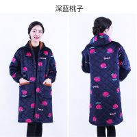 冬季长款罩衣韩版加厚保暖成人罩衣男女围裙家居服防护工作服|深蓝桃子 XL(适合90-120斤)