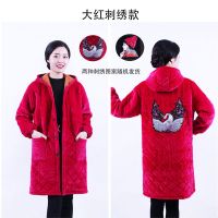 冬季长款罩衣韩版加厚保暖成人罩衣男女围裙家居服防护工作服|红色背后刺绣款 XL(适合90-120斤)