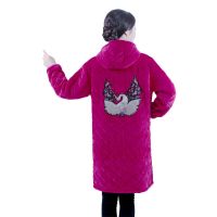 冬季长款罩衣韩版加厚保暖成人罩衣男女围裙家居服防护工作服|玫红色白鹤刺绣款 XXXL(适合150-180斤)