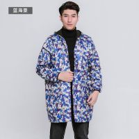韩版时尚加绒罩衣厨房围裙成人男女士长袖防水加绒迷彩工作服大褂|蓝海景 XL