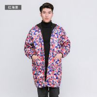 韩版时尚加绒罩衣厨房围裙成人男女士长袖防水加绒迷彩工作服大褂|红海景 XL