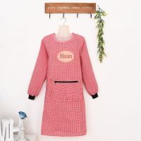 围裙女厨房长袖家用做饭成人罩衣上班反穿衣罩衣女冬天棉质工作服|马甲拉链口袋红色