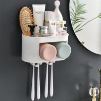 牙刷架套装免打孔吸壁式壁挂挤牙膏器卫生间漱口杯牙膏牙刷置物架|[不带挤牙器] 素色3口+牙刷架