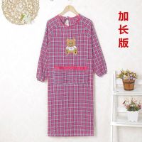 加长加大男女成人罩衣工作服纯棉粗布反穿衣长袖厨房韩版时尚围裙|加长酷酷熊酒红