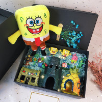 海绵宝宝盲盒创意海绵公仔宝宝手办玩偶玩具摆件生日模 3房子+8组合+毛绒/礼盒28cm 礼盒装+灯饰+礼品袋+免费写贺卡