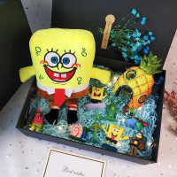 海绵宝宝盲盒创意海绵公仔宝宝手办玩偶玩具摆件生日模 菠萝屋+8组合+毛绒/礼盒28cm 礼盒装+灯饰+礼品袋+免费写贺卡