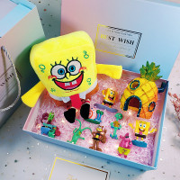 海绵宝宝盲盒创意海绵公仔宝宝手办玩偶玩具摆件生日模 菠萝屋+8款+毛绒/渐变盒28cm 礼盒装+灯饰+礼品袋+免费写贺卡