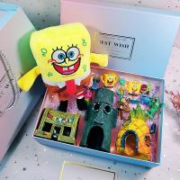 海绵宝宝盲盒创意海绵公仔宝宝手办玩偶玩具摆件生日模 3房子+8款+毛绒/渐变盒28cm 礼盒装+灯饰+礼品袋+免费写贺卡