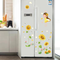 厨房柜门贴纸橱柜门贴纸卡通食物水果蔬菜冰箱贴纸贴画防水玻璃贴墙壁装饰厨房柜装饰 明黄色向日葵女孩 中