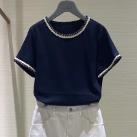 2020夏季新款简约修身小香风圆领休闲短袖上衣纯色t恤女装