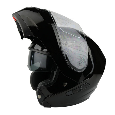 适用摩托车头盔 XHT盔 双镜片揭面盔冬盔全盔 帅气男款 亮黑色 XL