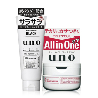 日本资生堂UNO吾诺吸油活性炭洁面面霜两件组合装(控油洗面奶黑色130g+全效面霜红色90g)