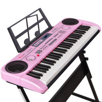 61键多功能电子琴儿童女孩钢琴宝宝音乐玩具小孩成人教学琴 [学习进阶]钢琴键USB手机版+琴贴+彩谱琴架粉
