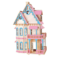儿童木质玩具木制3d拼装拼插房屋建筑模型 diy手工礼品积木小房子 哥特式粉色