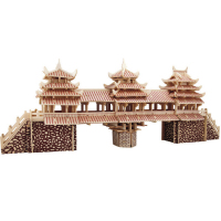 儿童木质玩具木制3d立体拼图 拼装拼插房屋建筑模型 diy手工礼品积木房子 风雨桥