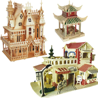 儿童玩具DIY手工拼插仿真模型3d立体拼图木质拼装立体拼插古建筑模型积木 浪漫咖啡屋+梦幻别墅+爱晚亭