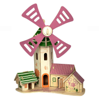 儿童木质玩具木制3d立体拼图 拼装拼插房屋建筑模型 diy手工礼品积木小房子 童心风车小屋