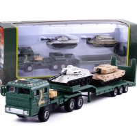凯迪威合金军事运输车模型1:64拖车带小坦克车平板车小汽车模型 绿色