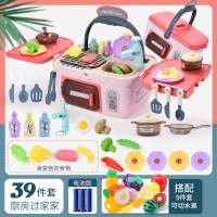 儿童过家家厨房玩具仿真厨具套装全套组合男孩宝宝做饭烧烤架女孩 野餐小厨房[带儿歌灯光]粉+可切水果