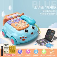 仿真电话机座机45音乐早教9小孩智力动脑6个月以上1-2岁宝宝0 钢琴音乐电话车蓝色充电版+可擦水粉笔画画本