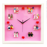原创兼容乐高积木挂钟DIY拼装人仔装饰墙面钟表情侣一生 白框粉色底挂钟(含人仔款) 16英寸