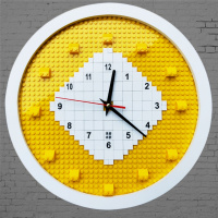原创兼容乐高英雄人仔12寸挂钟墙面装饰DIY拼装圆形静音时钟表 黄色底白框(无人仔)