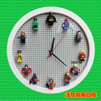 原创兼容乐高英雄人仔12寸挂钟墙面装饰DIY拼装圆形静音时钟表 浅灰底12英雄人仔款(白框)