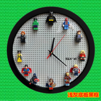 原创兼容乐高英雄人仔12寸挂钟墙面装饰DIY拼装圆形静音时钟表 浅灰底12英雄人仔款(黑框)