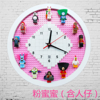 原创兼容乐高英雄人仔12寸挂钟墙面装饰DIY拼装圆形静音时钟表 粉蜜蜜(含12人仔)