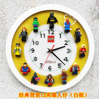 原创立体人仔公仔积木装饰画挂钟表圆形12寸静音儿童墙面时钟 经典背景12英雄人仔(白框)