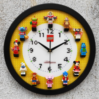 原创立体人仔公仔积木装饰画挂钟表圆形12寸静音儿童墙面时钟 经典背景卡通人仔(黑框)