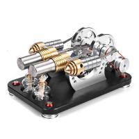 高温双缸斯特林发电发动机械传动外燃金属微型引擎模型男孩 金属双缸斯特林(黑色底座)