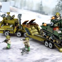 森宝101391 钢铁美军重型拖车特轻型坦克二合一启蒙军事积木玩具