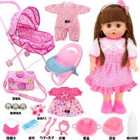 会说话喂奶尿尿洋娃娃玩具小女孩宝宝过家家带仿真床婴儿童手推车 心车+心悦版格裙+蓝桌组合