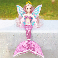 美人鱼娃娃 蝴蝶翅膀美人鱼公主娃娃创意手工玩偶婚纱儿童仿真玩具生日套 SG001带翅膀卷发鲜粉色-A