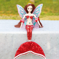 美人鱼娃娃 蝴蝶翅膀美人鱼公主娃娃创意手工玩偶婚纱儿童仿真玩具生日套 SG001带翅膀红色-A