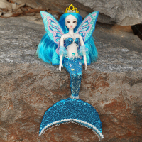 美人鱼娃娃 蝴蝶翅膀美人鱼公主娃娃创意手工玩偶婚纱儿童仿真玩具生日套 SG001带翅膀蓝色-A