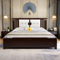 伊柔新中式实木床1.8米1.5米卧室双人软靠大床中国风床