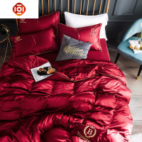 欧式丝滑水洗四件套冰丝床上用品大红色结婚被套床单笠三件套床品套装 三维工匠
