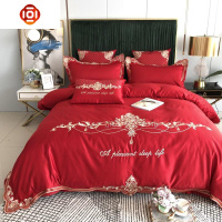 欧式婚庆四件套大气喜被大红棉被套床单新婚婚房婚礼结婚床品套装 三维工匠