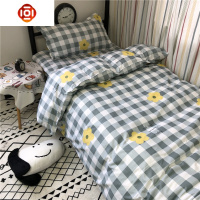 绿色格子小花花学生宿舍床单人三件套田园少女心四件套春被单被罩床品套装 三维工匠