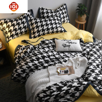 网红棉荷叶边床单四件套棉格子条纹豹纹被套1.8米床笠4三件套床品套装 三维工匠