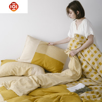 北欧 ins时尚拼接 床上四件套棉健康双层纱布床单被套1.8米 三维工匠