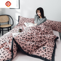 网红少女粉色个性时尚豹纹床单被套床上四件套棉棉ins织带风 三维工匠