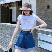 浪漫攻略Romagolee夏季新款女士牛仔短裤多扣新款五分裤高腰韩版显瘦阔腿宽松裤