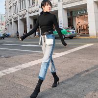 牛仔裤女秋装2020新款韩版显瘦网红同款口袋外翻撞色百搭直筒裤子