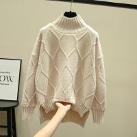 秋冬新款韩版宽松慵懒风毛衣女加厚开叉半高领复古套头针织衫上衣