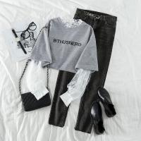 港味复古两件套装女春季2020新款蕾丝拼接假两件上衣牛仔裤套装潮