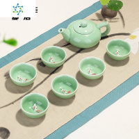 陶瓷描金青瓷茶具套装创意家用简约陶瓷茶壶茶杯功夫茶具整套 三维工匠 7头盖碗-翡翠禅字 10件