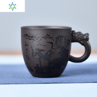 水墨书法紫砂茶杯小把杯功夫茶具带把单个杯品茗杯个人家用主人杯 三维工匠 上善若水